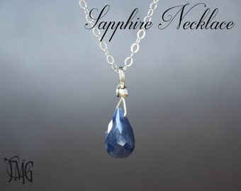 Sapphire Necklace, September Birthstone, Genuine Gemstone Necklace, All Natural Sapphire Necklace, Sapphire Pendant, Sterling Silver