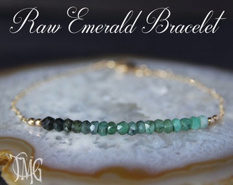 Raw Emerald Bracelet, May Birthstone, Natural Dainty Genuine Gemstone Beaded Bracelet, Anklet, Crystal Bracelet, Personalized Initial Charm