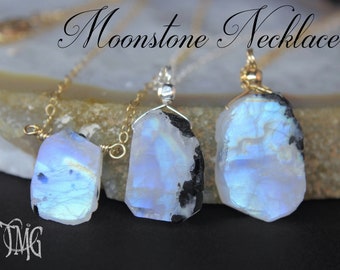 Raw Moonstone Necklace, June Birthstone, Genuine Gemstone Nugget Necklace, Moonstone Rough, Crystal Necklace, Rainbow Blue Flash Moonstone