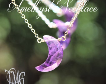 Crescent Moon Necklace, Amethyst Crystal Necklace, February Birthstone, Raw Genuine Gemstone Crystal Necklace