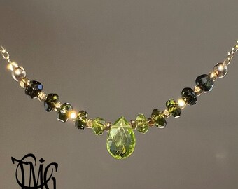 Peridot and Green Tourmaline Necklace, Gemstone Bar Necklace, August Birthstone, October Birthstone, Genuine Gemstone, Sterling Silver