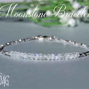 Moonstone Bracelet with Karen Hill Silver, Rainbow Moonstone, June Birthstone, Beaded Dainty Genuine Gemstone Crystal, Bridal Wedding