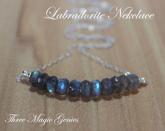 Labradorite Necklace, Blue Labradorite Necklace, Flashy Labradorite Necklace, Gemstone Bar Necklace