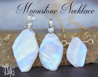 Raw Moonstone Necklace with Sterling Silver or Gold Filled Chain, June Birthstone, Genuine Gemstone Crystal,  Rainbow Blue Flash Moonstone