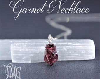 Raw Garnet Necklace, January Birthstone, Garnet Necklace, All Natural Genuine Crystal Gemstone Necklace, Sterling Silver, Gold Filled