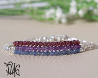 Garnet, Amethyst, Sapphire Bracelet Set, Genuine Gemstone Dainty Beaded Bracelet, Sterling Silver, Karen Hill Silver