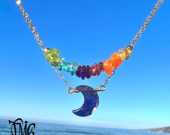 Rainbow with Iolite Moon Necklace, Iolite Half Moon Layered Necklace, Dainty Genuine Gemstone Crystal Healing Necklace, Rainbow Necklace