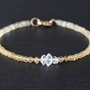 Citrine Bracelet, Herkimer Diamond Bracelet, Dainty Beaded Bracelet, November birthstone, Skinny Bracelet, Anklet, Genuine Gemstone Crystal image 1