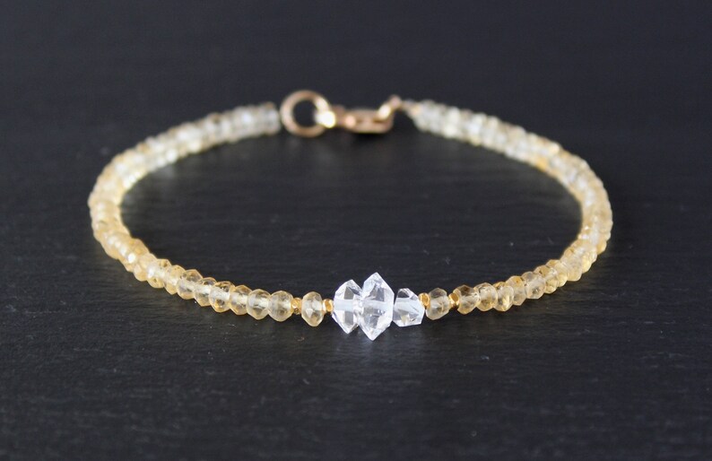 Citrine Bracelet, Herkimer Diamond Bracelet, Dainty Beaded Bracelet, November birthstone, Skinny Bracelet, Anklet, Genuine Gemstone Crystal image 1