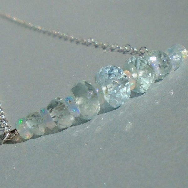 Aquamarine Necklace with Ethiopian Opal, Aquamarine Bar Necklace, Opal Necklace, Dainty Gemstone Necklace, Aquamarine Choker, Opal Choker