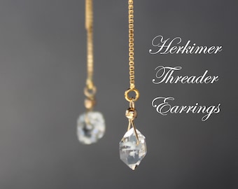 Herkimer Diamond Earrings, April Birthstone, Raw Gemstone Threader Earrings, Dainty Crystal Quartz Threader, Gold Filled, Sterling Silver
