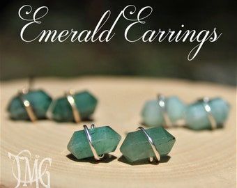 Emerald Earrings, May Birthstone, Raw Emerald stud Earrings, Raw Genuine Gemstone Earrings, Dainty Crystal  Stud Earrings