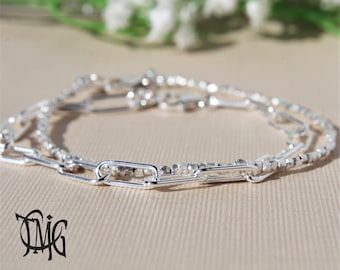 Solid 925 Sterling Silver Bracelet Set, Paper Clip Link Chain Bracelet, Karen Hill Silver Bracelet, 1.7 mm beads, Genuine Sterling Silver