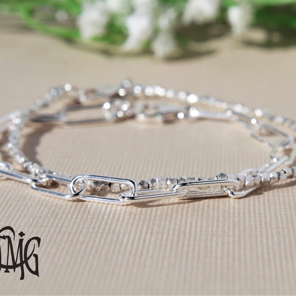 Conjunto de pulsera de plata de ley sólida 925, pulsera de cadena de eslabones de clip de papel, pulsera de plata Karen Hill, cuentas de 1,7 mm, plata de ley genuina