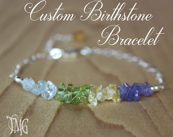 Personalized Birthstone Bracelet, Mothers Bracelet, Dainty Raw Genuine Gemstone Bracelet, Adjustable Bracelet, Bangle Bracelet, Gift for Mom