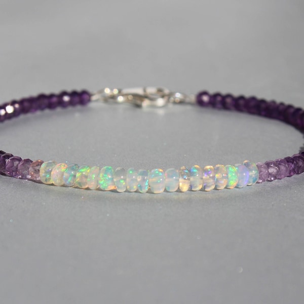 Opal bracelet, Amethyst Bracelet with opal, February Birthstone, October Birthstone, Genuine Gemstone Dainty Beaded Bracelet