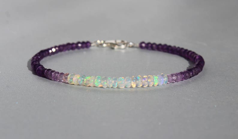 Opal bracelet, Amethyst Bracelet with opal, February Birthstone, October Birthstone, Genuine Gemstone Dainty Beaded Bracelet 