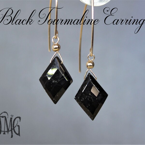 Black Tourmaline Earrings, October Birthstone, Diamond Shaped Genuine Gemstone Crystal, All Natural Healing Gemstone, Onyx Earrings