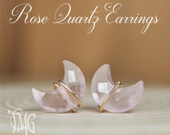Rose Quartz Crescent Moon Stud Earrings, Raw Genuine Gemstone Crystal Earrings, Post Earrings, Dainty Half Moon Earrings, Pink Earrings