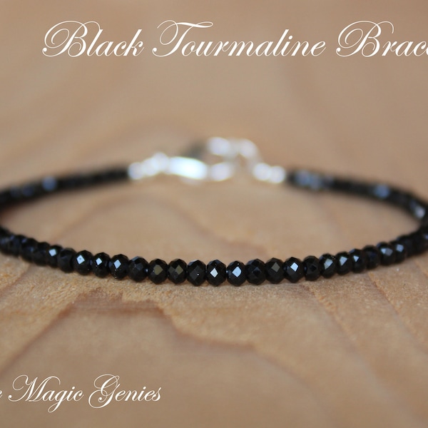 Black Tourmaline Bracelet, Empath Protection Bracelet, October Birthstone, Genuine Gemstone Beaded Bracelet, thin black tourmaline bracelet