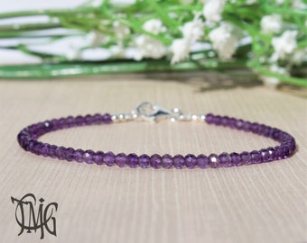 Amethyst Bracelet, February Birthstone, All Amethyst, Gemstone Dainty Beaded Bracelet, Sterling Silver, Purple Bracelet