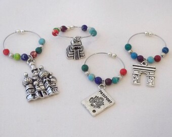 Travel Wine Charms - Stocking Stuffer, No Hook, Easy Open - Set 4, St Basil's Cathedral, Arc de Triomphe Paris, Chichen Itza, Passport