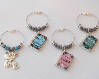 Jane Austen Book Set - Book Club Wine Charms - No Hook, Easy Open - Stocking Stuffer - Pride and Prejudice, Emma, Sense and Sensibility