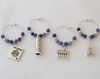 Travel Wine Charms - No Hook - Stocking Stuffer - Set 1, Paris, Eiffel Tower, Greece, Parthenon, Italy, Leaning Tower of Pisa, Passport