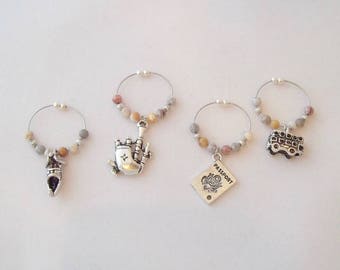 Travel Wine Charms - No Hook, Easy Open, Stocking Stuffer - Set 5, Scotland, Bagpipes, Venice, Italy, Gondola, England, London Bus, Passport