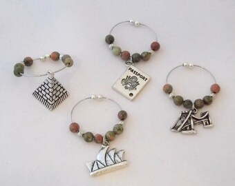 Travel Wine Charms - No Hook - Stocking Stuffer - Set 3 - Great Pyramid, Egypt, Opera House, Australia, Brooklyn Bridge, New York, Passport