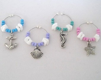 Beach Treasures Wine Charms - No Hook - Easy Open - Stocking Stuffer - Sea Horse - Anchor - Sea Shell - Starfish - Beach house Gift
