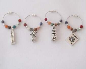 Travel Wine Charms - No Hook, Easy Open, Stocking Stuffer - Set 2 - Holland, Windmill, Japan - Pagoda, London, Big Ben Clock Tower, Passport