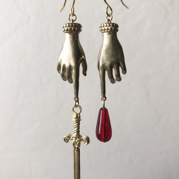 Lady Macbeth Drop Earrings - Brass, Silver, Red, Sword, Dagger, Hand, Dangle Earrings