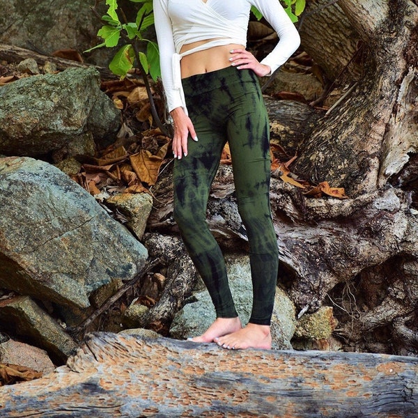 Mooscape Leggings/Tie Dye Yoga Leggings/Big waist band leggings/Tribal leggings/ Handcolored/  Forest Leggings/ Yoga