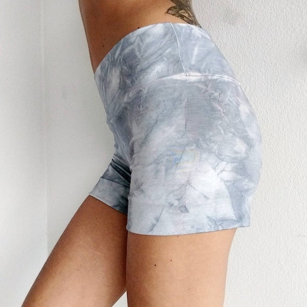 Ethically made Bamboo shorts, Organic cotton, Oeko-Tex certified, Low impact dye, Organic Cotton Shorts, Silver tie dye shorts / Yoga shorts