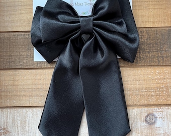 Large Black Satin Hair Bow with Barrette