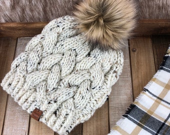 Cream Tweed Knitted Braided Cable Beanie with Detachable Faux Fur Pom