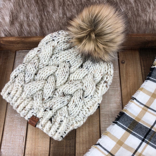 Cream Tweed Knitted Braided Cable Beanie with Detachable Faux Fur Pom