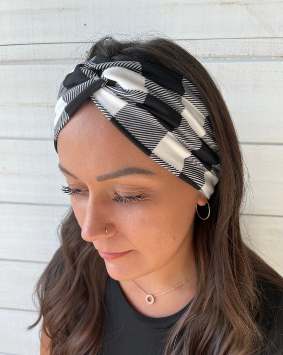 Black and White Buffalo Plaid Twisted Headband, Soft Knit  display picture 3