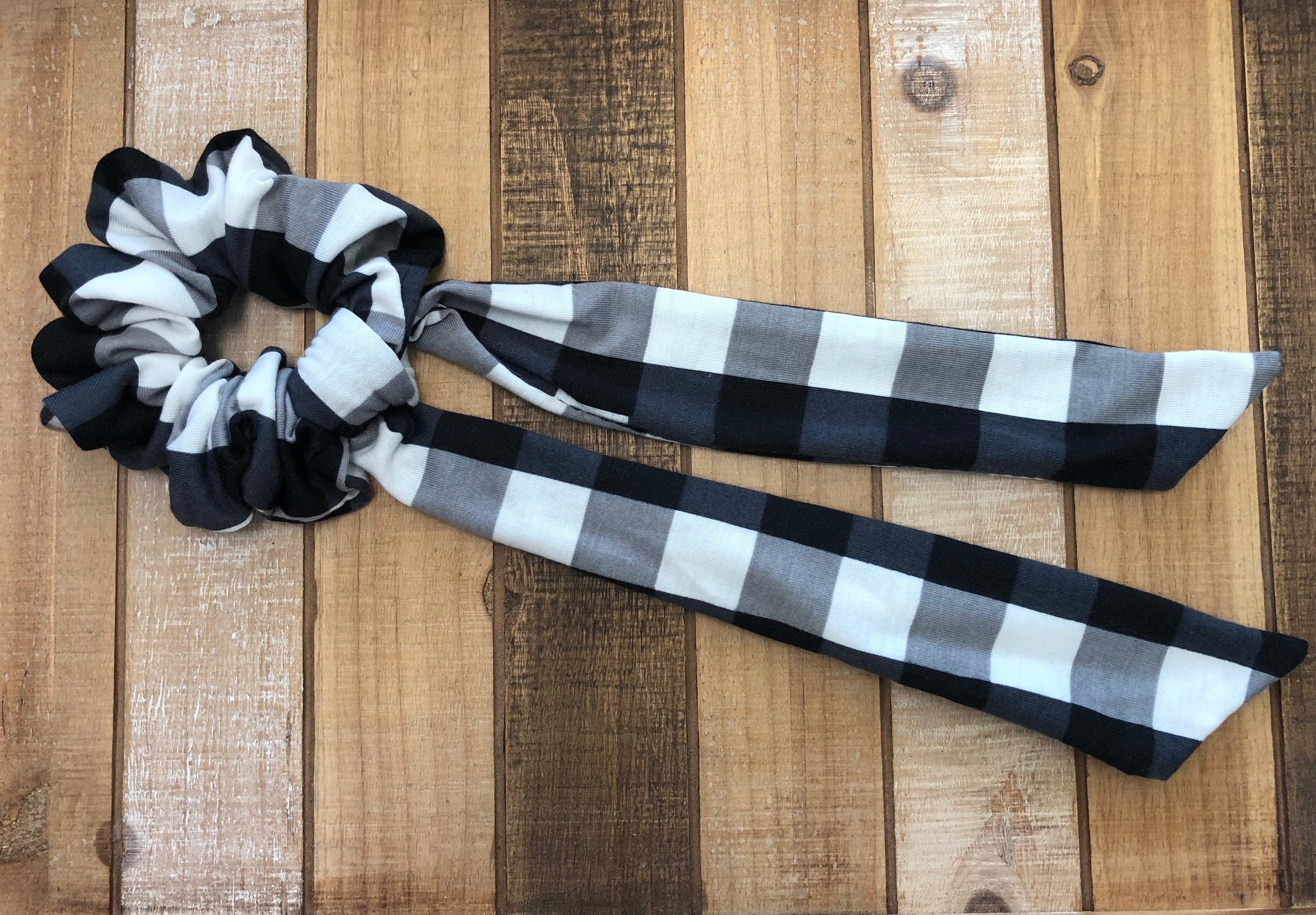 Elegant Black and Tan Plaid Hair Scrunchie Handmade Satin Plaid Scrunchie: Black, Tan & White Hair Tie  main image 2