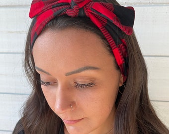 Red and Black Buffalo Plaid Twisted Headband with Detachable Bow