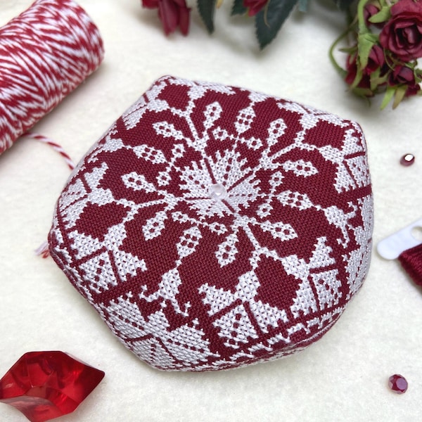 Christmas Biscornu Pincushion Pattern: Red & White Cross Stitch (PDF)