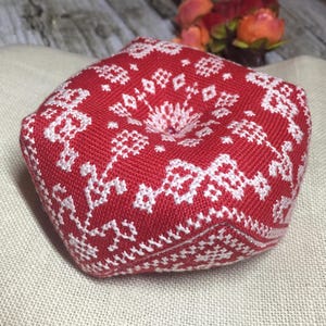 Biscornu Pincushion Pattern: Red & White Cross Stitch (PDF)