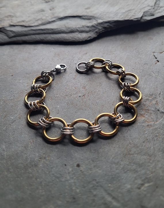 Mixed Metal 18k Gold Plated & Stainless Steel 3-in-1 Chainmail Bracelet | Unisex | Alternative | Grunge | Goth | Biker | Chainmaille