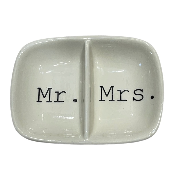 Creative Co-op cream Mr./Mrs. ring trinket dish