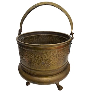 Large brass footed indoor planter, Mid century cachepot, Handled decorative urn, Maximalist plant decor, Fireplace kindling pail