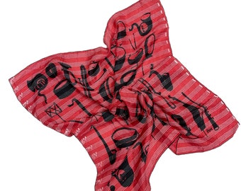 Vera red with black instruments silk scarf