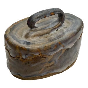 Hand built light blue and tan lidded pottery container, Rustic jewelry box, Handmade art object, Pottery catchall, Vanity boudoir dish