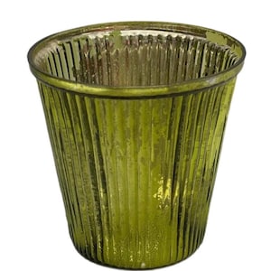 May include: A lime green glass votive holder featuring a vertical ribbed texture and a distressed, mercury-style finish. The vessel has a wide, open top and a tapered cylindrical shape, showcasing a semi-transparent appearance with reflective highlights.