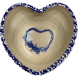 Casey Pottery heart-shaped bowl with royal blue trim, Earthen kitchenware, Rustic serveware, Handmade tableware, Valentine’s Day bowl
